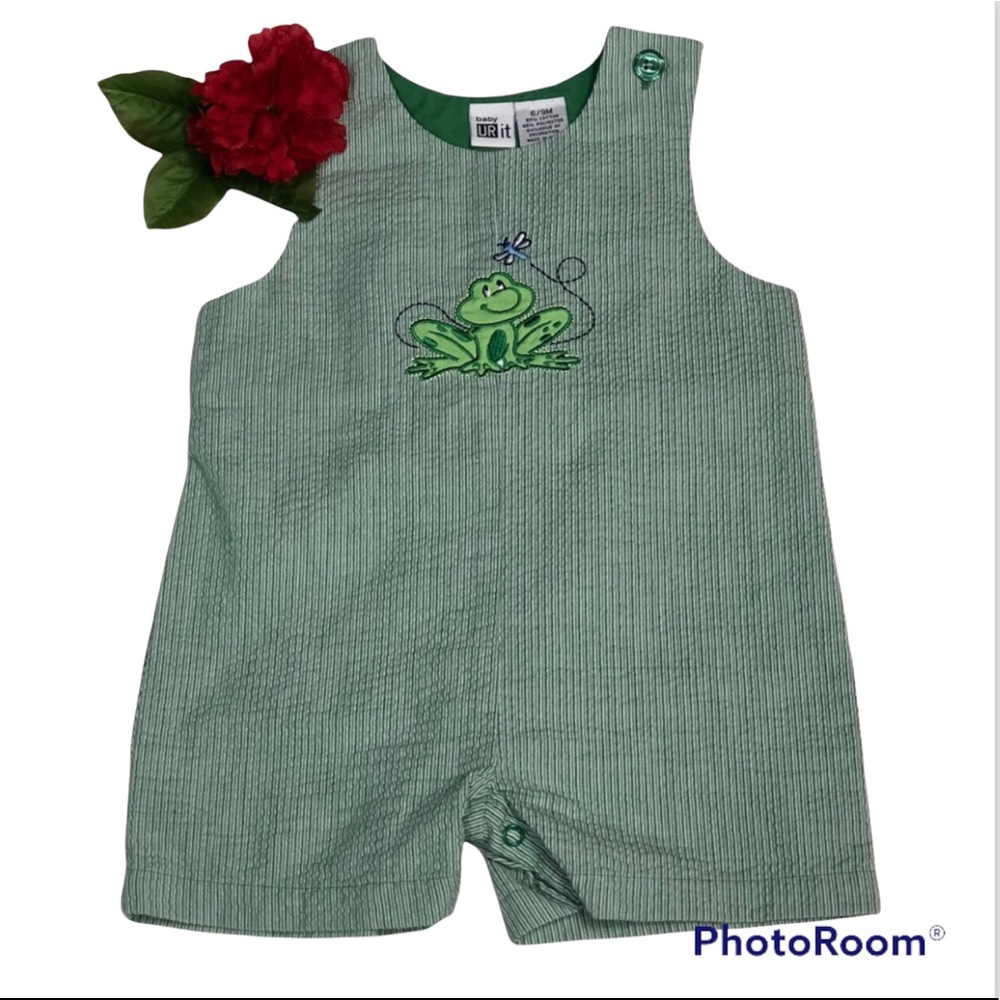 Green Frog Shortall Romper Size 6-9 months UR IT